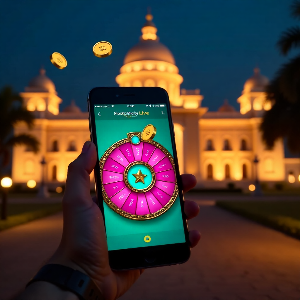 A hand holding a high-end smartphone displaying the official Monopoly Live wheel with its vibrant pink and teal interface, background is the Jatiya Sangsad Bhaban (National Parliament House) in Dhaka at night with warm golden lighting, 3D golden coins wit